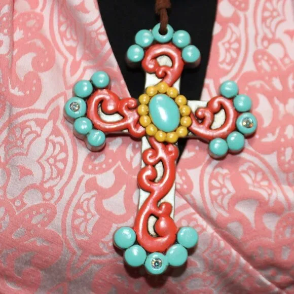 Beautiful Turquoise & Orange Large Cross on Leather Tied to Multi Bead Necklace - Picture 7 of 11
